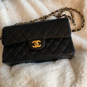 CHANEL caviar quilted leather black double flap vintage handbag gold hardware